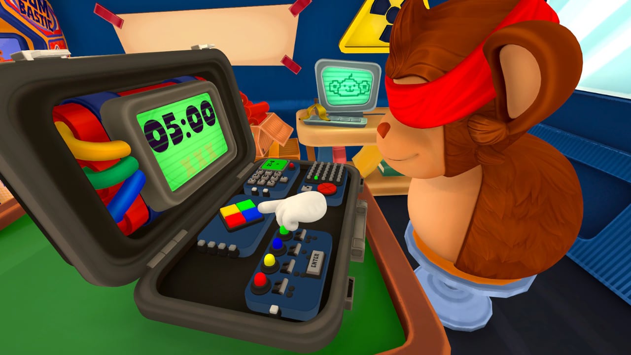 BOMBANANA screenshot of the three monkey bomb squad inside the mobile workshop