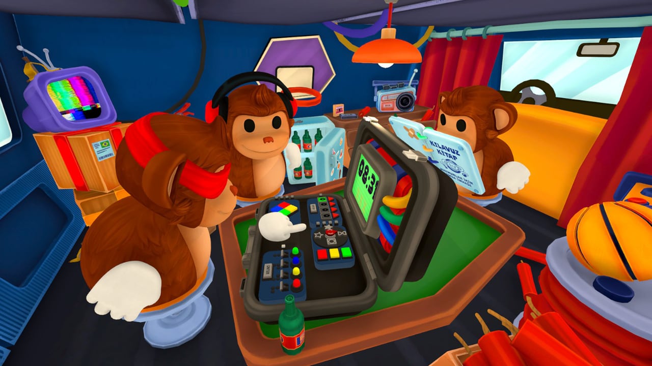 BOMBANANA screenshot of a live bomb with puzzle modules, timer, and workshop surroundings